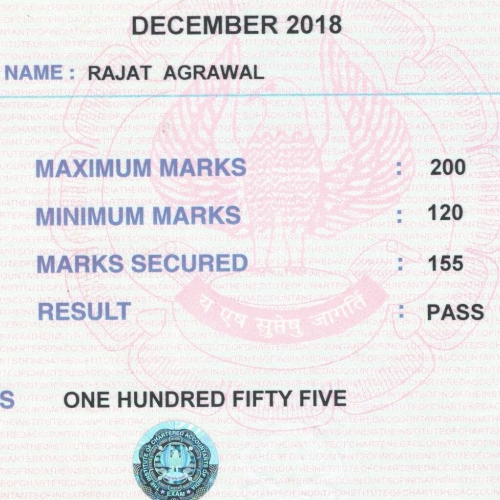 DISA ICAI Marksheet CA Rajat Agrawal